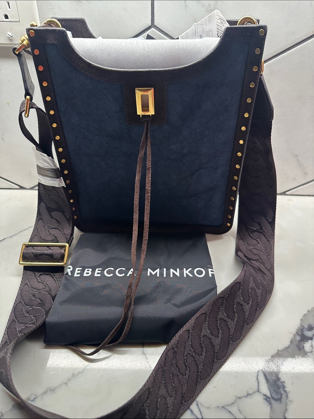Rebecca Minkoff Navy and Brown Suede Studded Messenger Bag